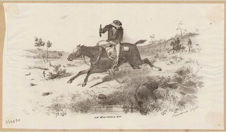 1800s sketch of a bushranger holding a gun and riding a horse, fleeing pursuers also on horses